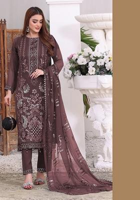 Wine Embroidered Faux Georgette Kurta Set