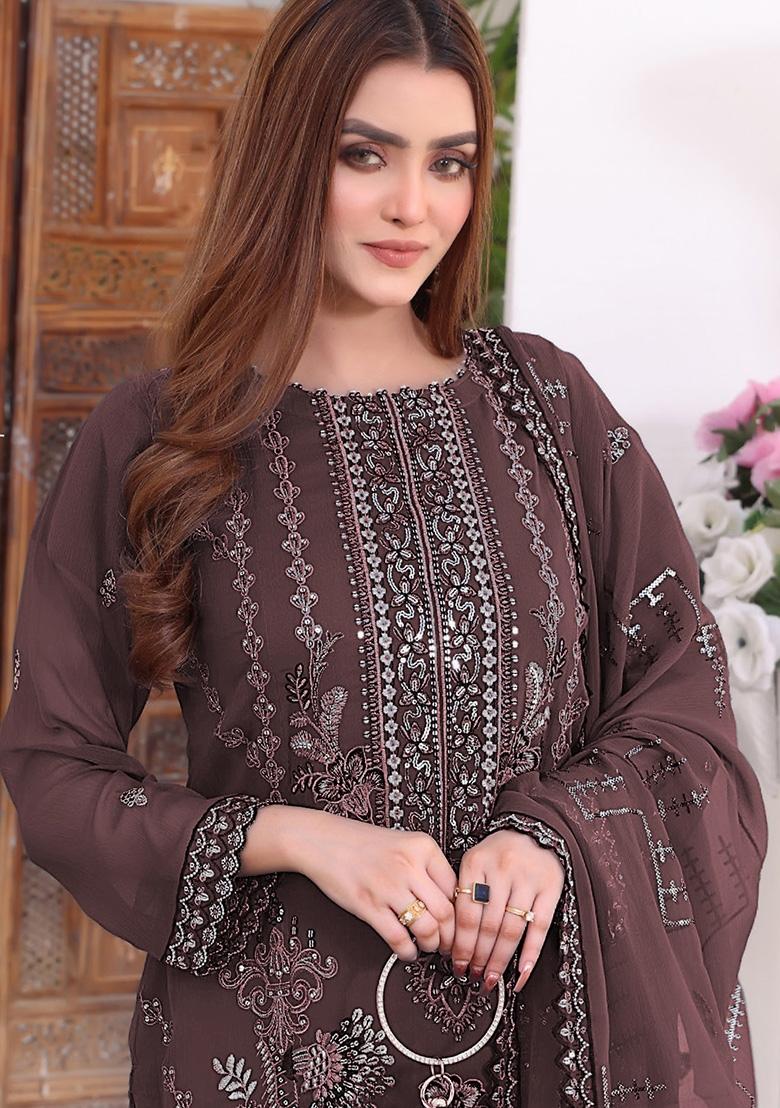 Wine Embroidered Faux Georgette Kurta Set