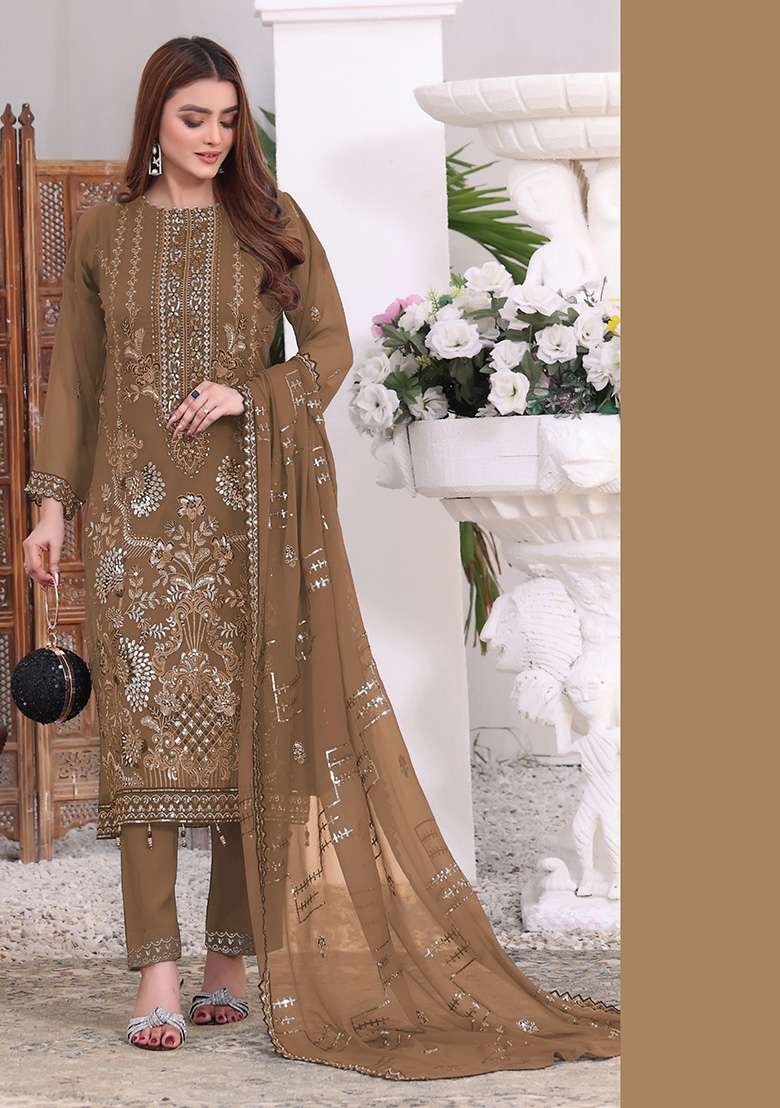 Chocolate Brown Embroidered Faux Georgette Kurta Set - Indya