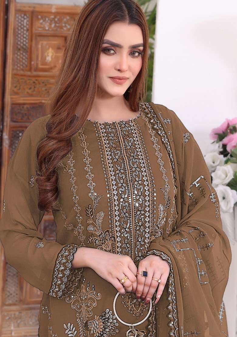 Chocolate Brown Embroidered Faux Georgette Kurta Set - Indya