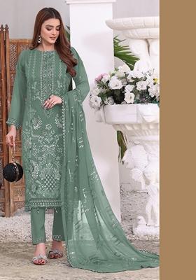 Green Embroidered Faux Georgette Kurta Set
