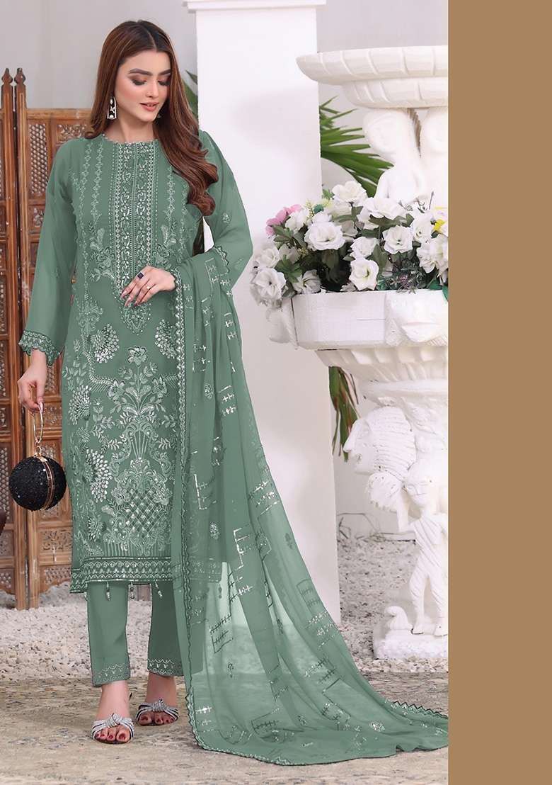 Green Embroidered Faux Georgette Kurta Set - Indya
