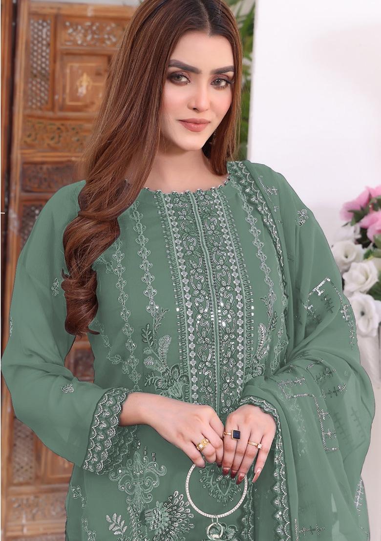 Green Embroidered Faux Georgette Kurta Set