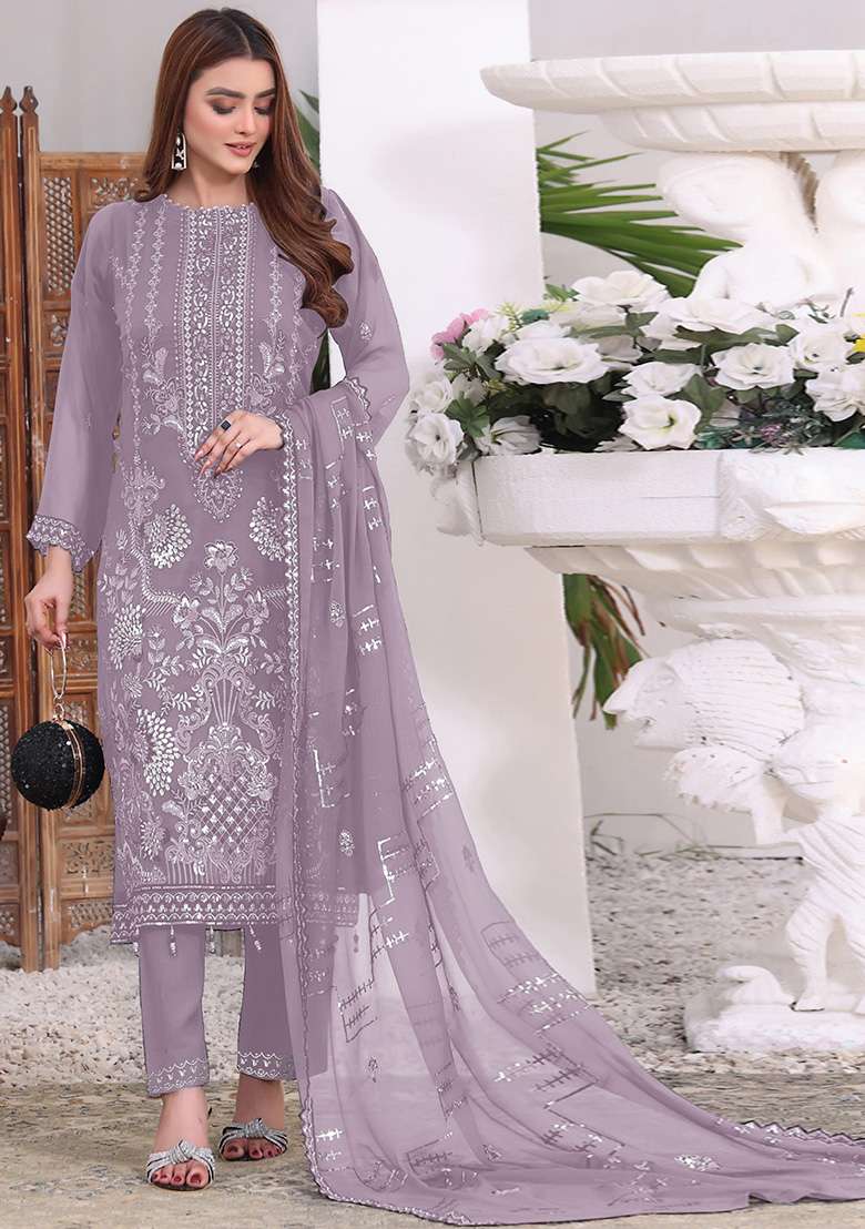 Lavender Embroidered Faux Georgette Kurta Set - Indya