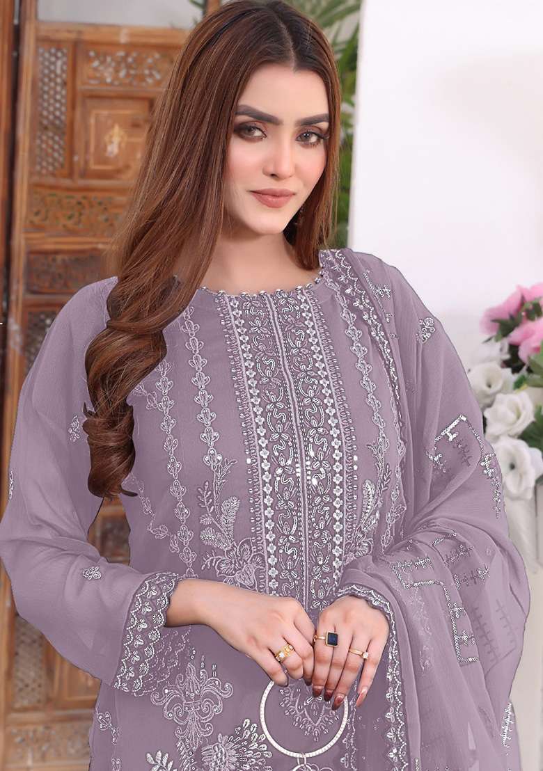 Lavender Embroidered Faux Georgette Kurta Set - Indya