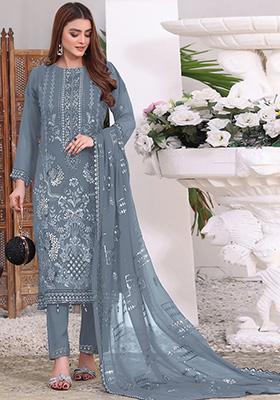 Grey Embroidered Faux Georgette Kurta Set