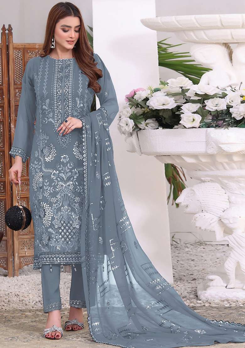 Grey Embroidered Faux Georgette Kurta Set - Indya