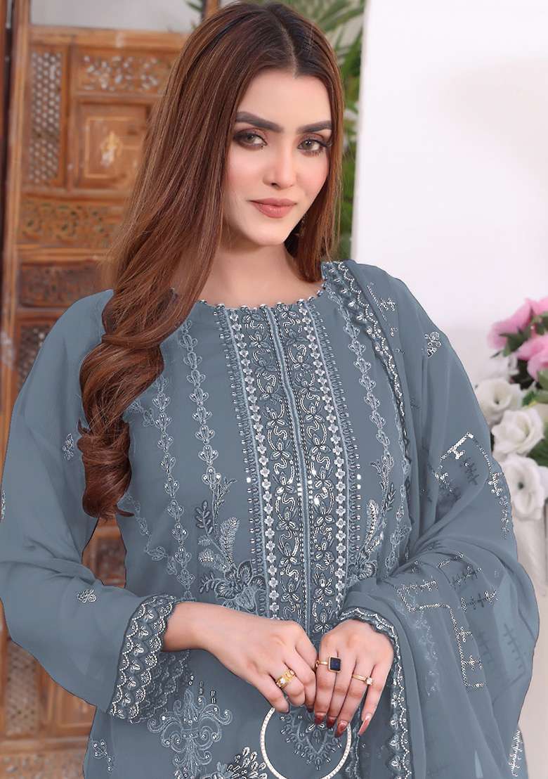 Grey Embroidered Faux Georgette Kurta Set - Indya