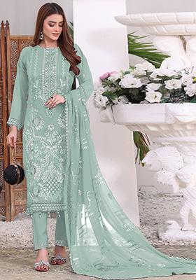Light Green Embroidered Faux Georgette Kurta Set