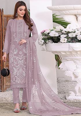 Light Purple Embroidered Faux Georgette Kurta Set