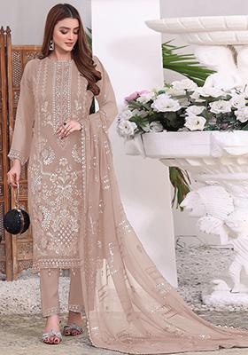 Light Brown Embroidered Faux Georgette Kurta Set