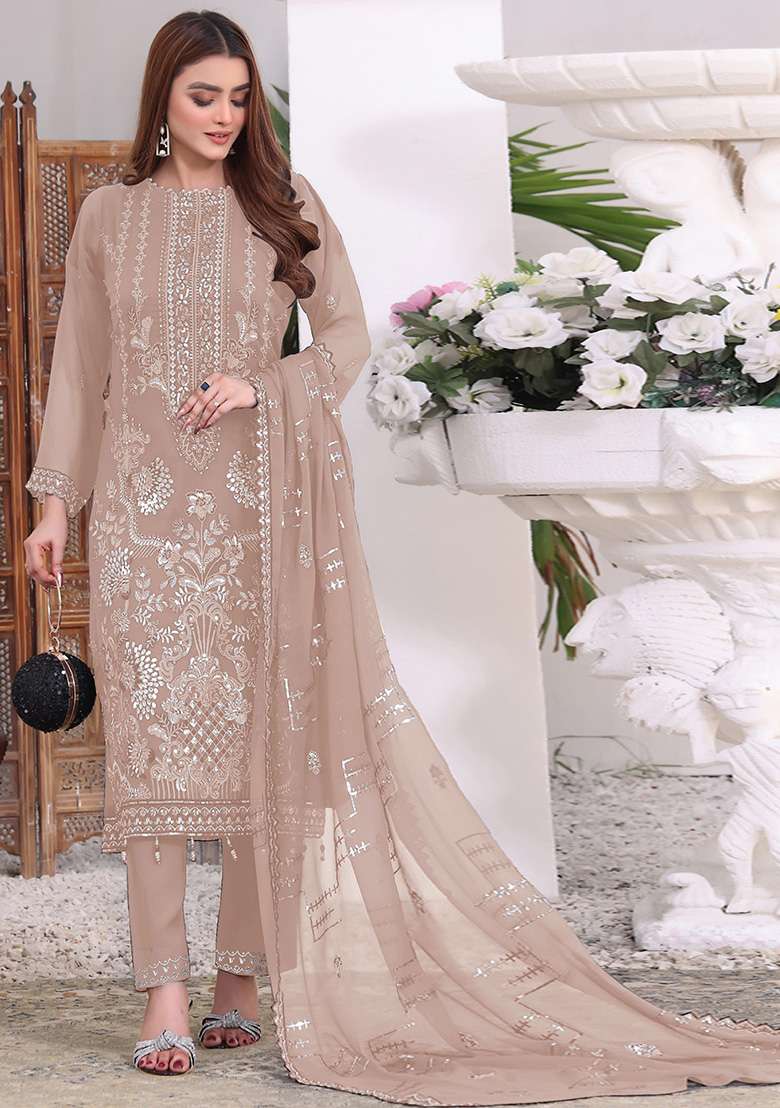 Light Brown Embroidered Faux Georgette Kurta Set - Indya
