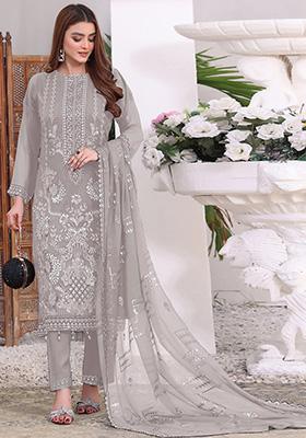 Light Grey Embroidered Faux Georgette Kurta Set