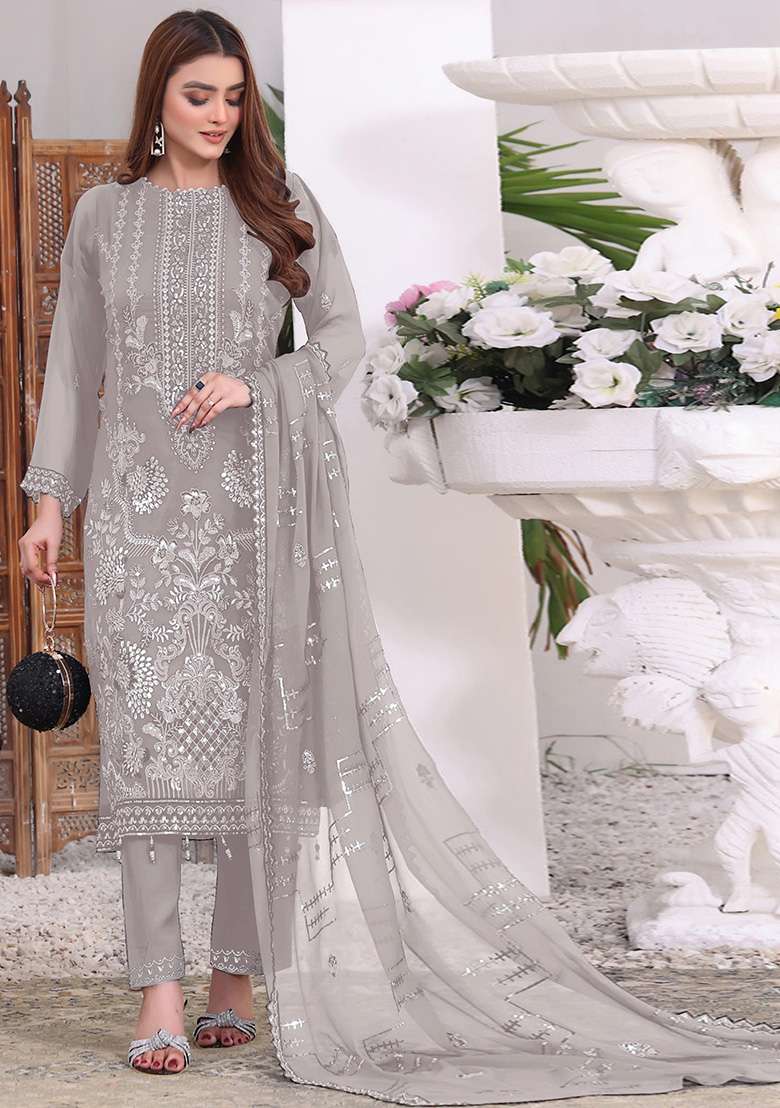 Light Grey Embroidered Faux Georgette Kurta Set - Indya