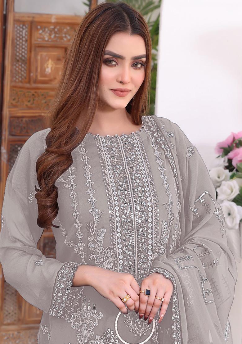 Light Grey Embroidered Faux Georgette Kurta Set