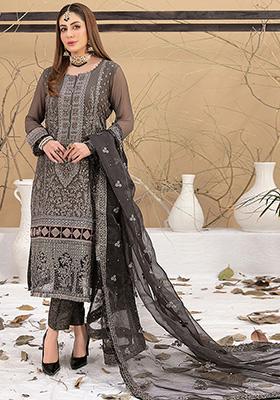 Brown Embroidered Faux Georgette Kurta Set
