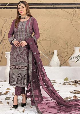 Purple Embroidered Faux Georgette Kurta Set
