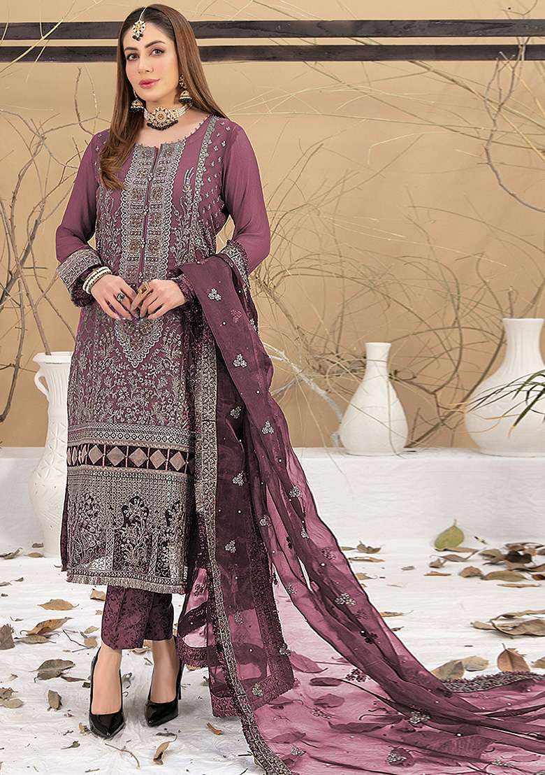 Purple Embroidered Faux Georgette Kurta Set - Indya