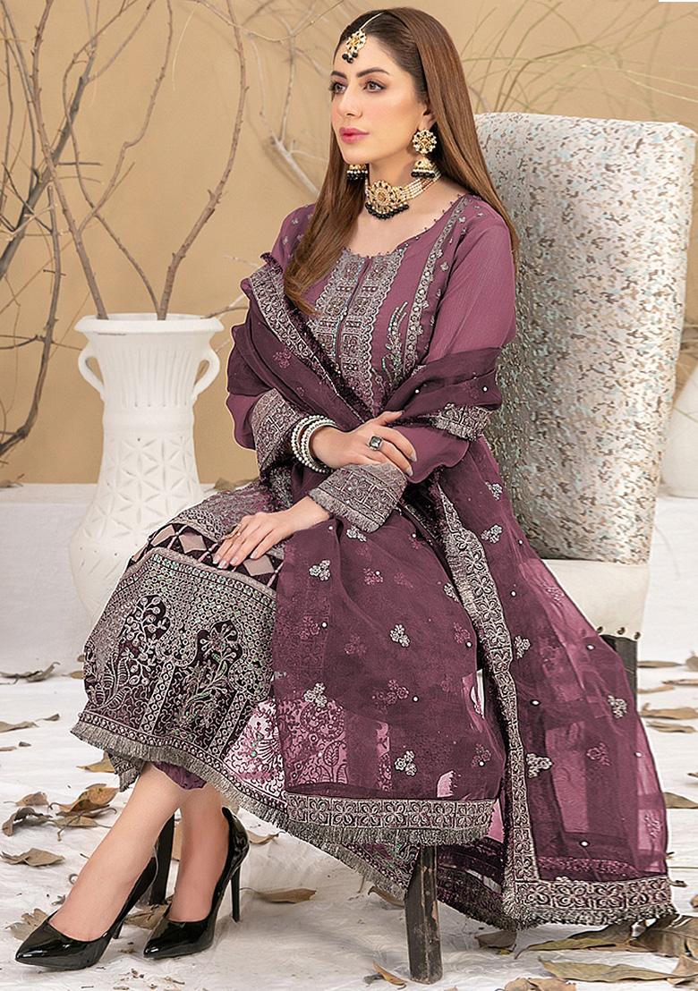 Purple Embroidered Faux Georgette Kurta Set