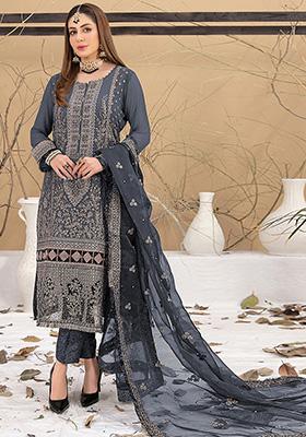 Grey Embroidered Faux Georgette Kurta Set