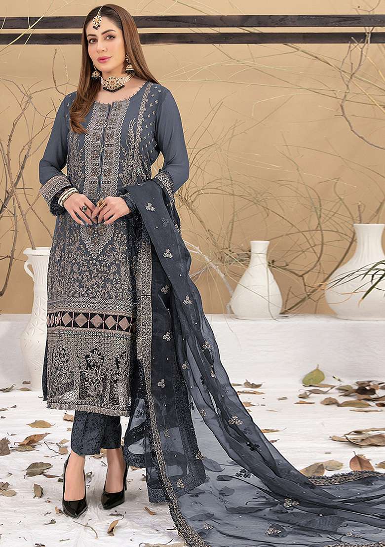 Grey Embroidered Faux Georgette Kurta Set - Indya