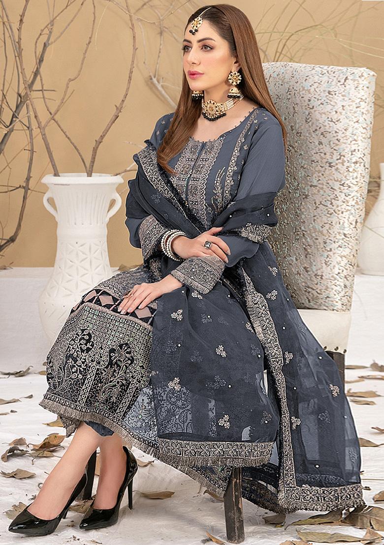 Grey Embroidered Faux Georgette Kurta Set
