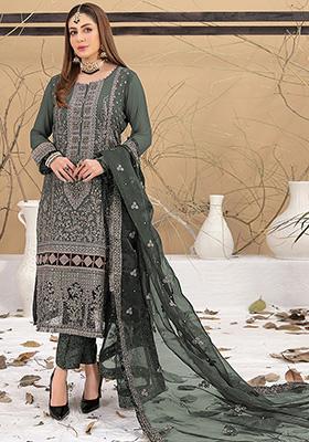 Green Embroidered Faux Georgette Kurta Set