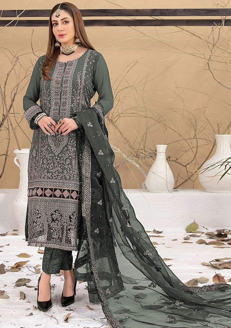 Green Embroidered Faux Georgette Kurta Set - Indya