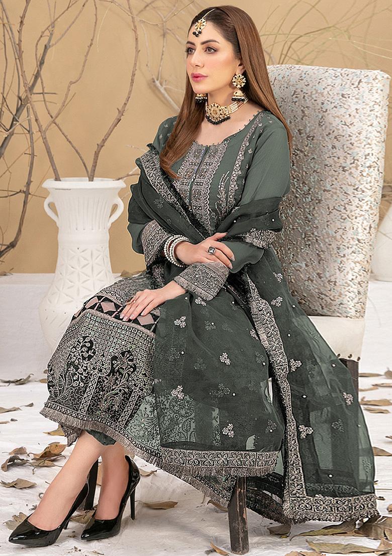 Green Embroidered Faux Georgette Kurta Set
