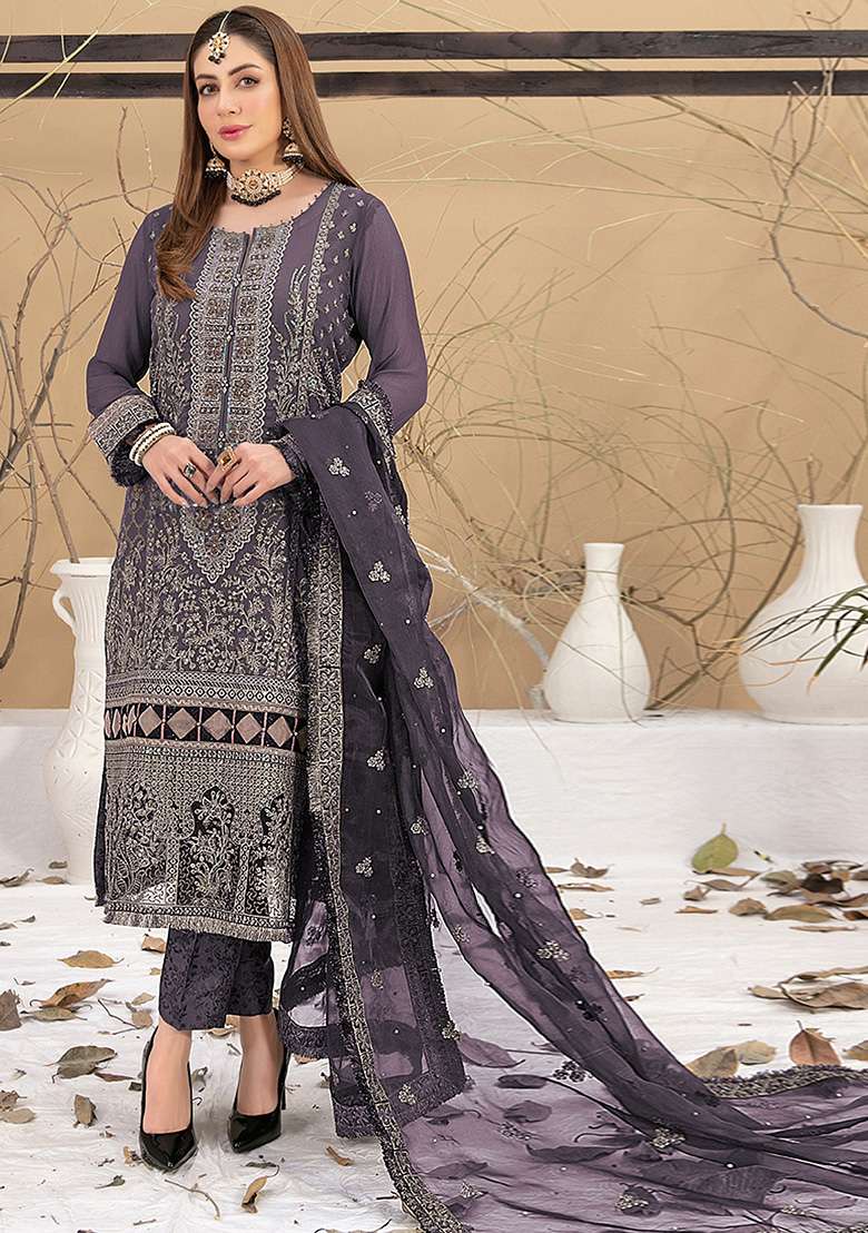 Wine Embroidered Faux Georgette Kurta Set - Indya