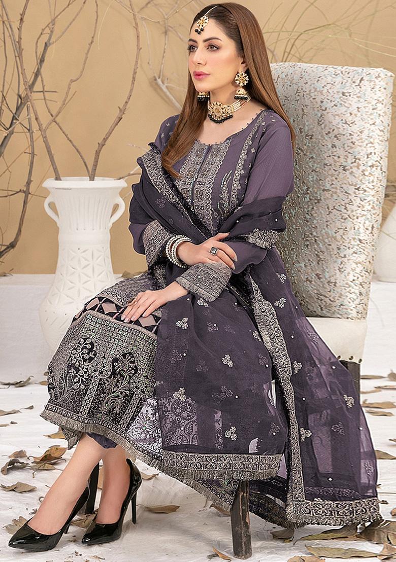 Wine Embroidered Faux Georgette Kurta Set