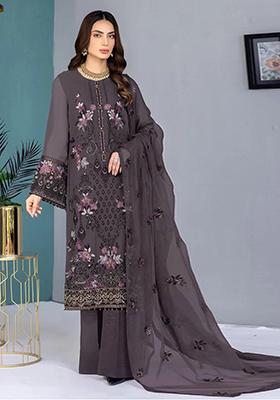 Grey Embroidered Faux Georgette Kurta Set