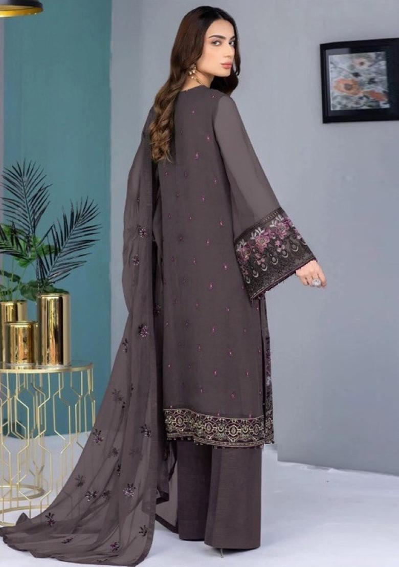 Grey Embroidered Faux Georgette Kurta Set