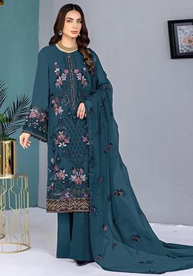Teal Embroidered Faux Georgette Kurta Set