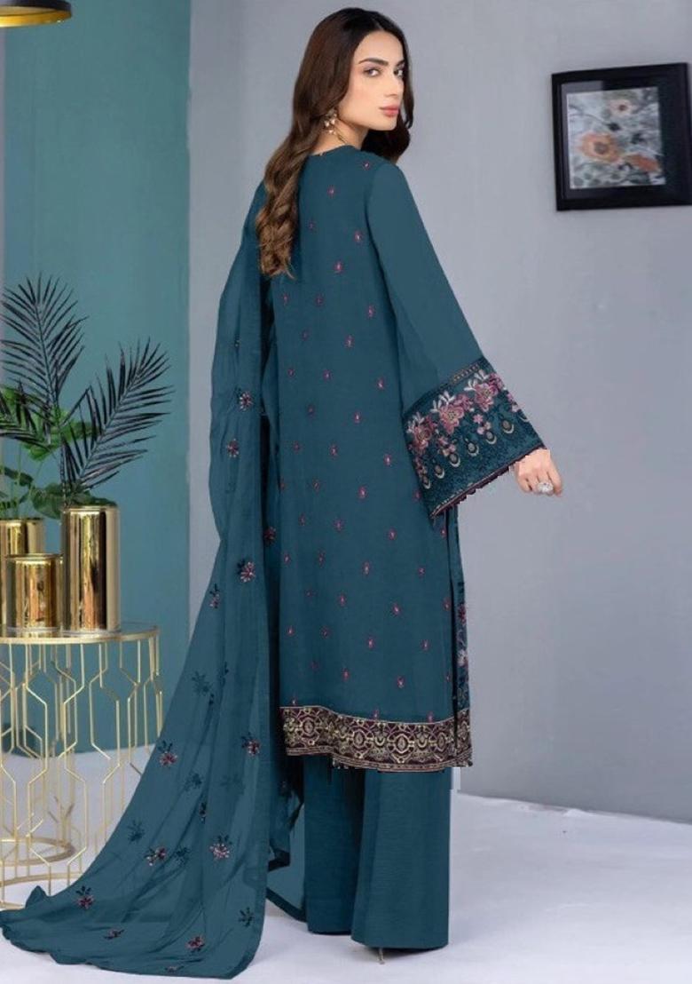 Teal Embroidered Faux Georgette Kurta Set