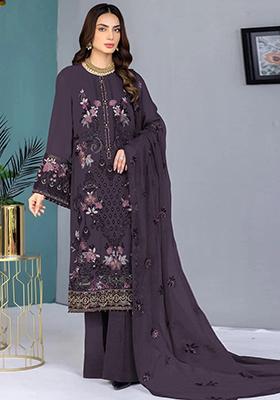 Wine Embroidered Faux Georgette Kurta Set
