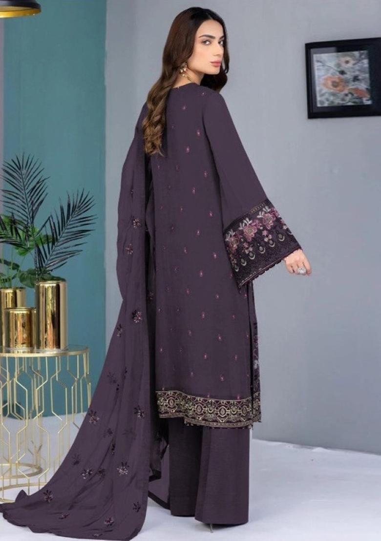 Wine Embroidered Faux Georgette Kurta Set