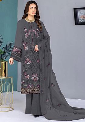Grey Embroidered Faux Georgette Kurta Set