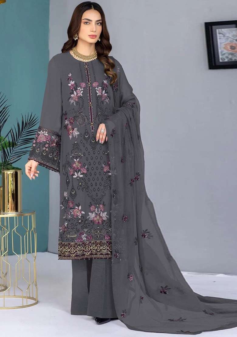 Grey Embroidered Faux Georgette Kurta Set - Indya