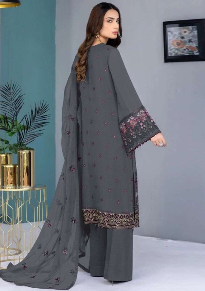 Grey Embroidered Faux Georgette Kurta Set - Indya
