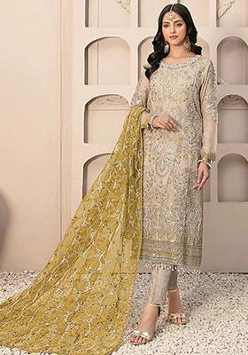 Cream Embroidered Faux Georgette Kurta Set