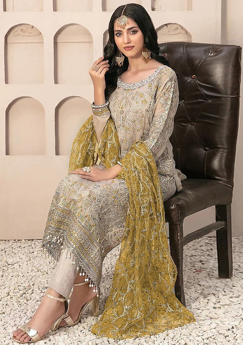 Cream Embroidered Faux Georgette Kurta Set