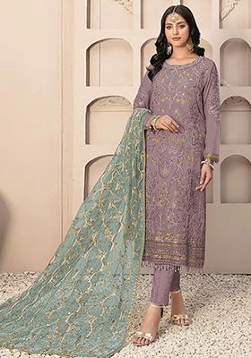 Purple Embroidered Faux Georgette Kurta Set