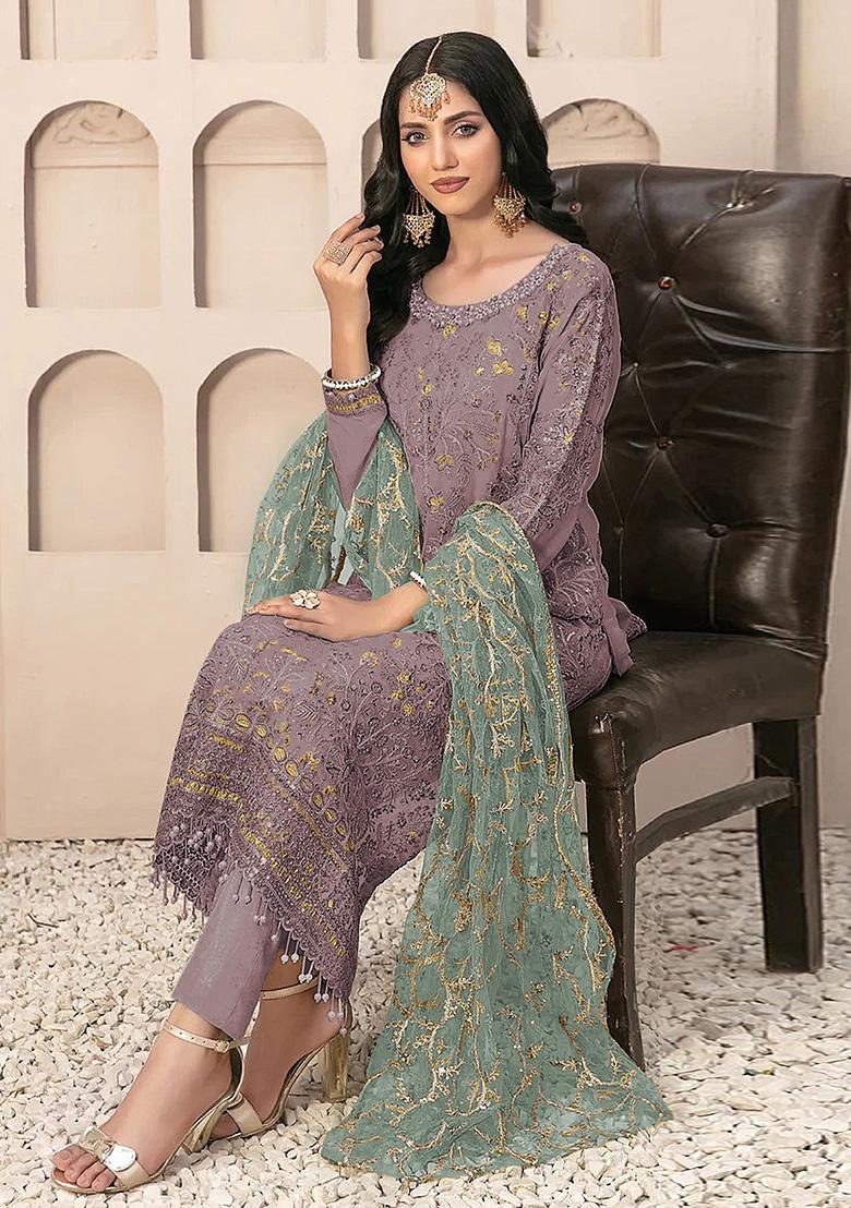 Purple Embroidered Faux Georgette Kurta Set