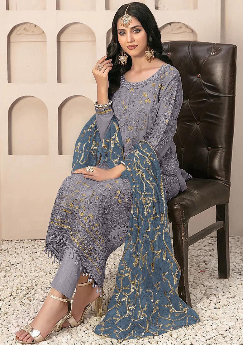Lavender Embroidered Faux Georgette Kurta Set