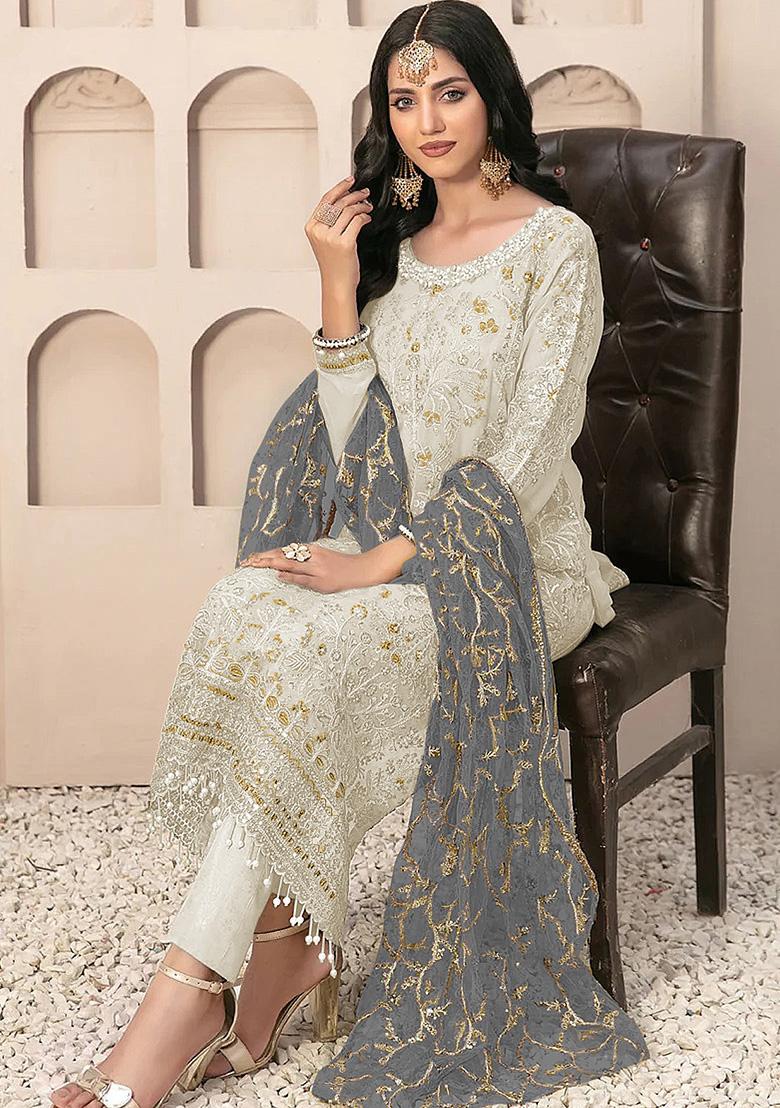 White Embroidered Faux Georgette Kurta Set