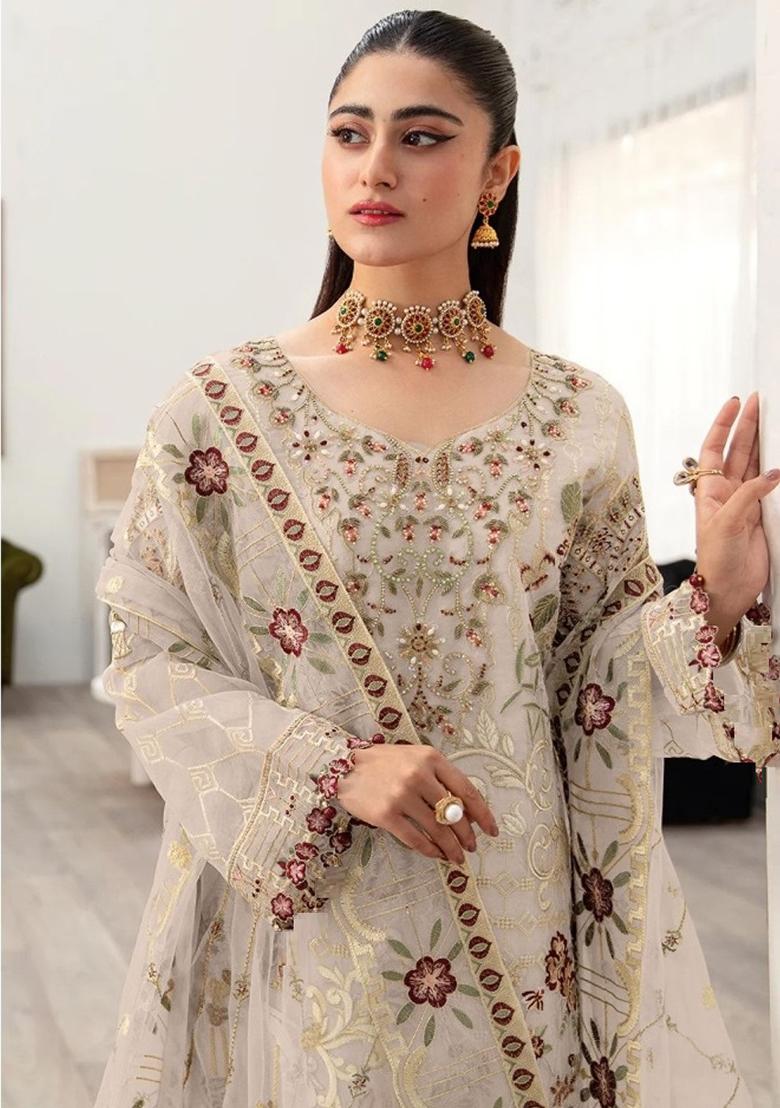 Cream Embroidered Faux Georgette Kurta Set