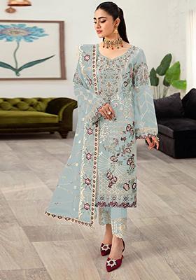 Sky Blue Embroidered Faux Georgette Kurta Set