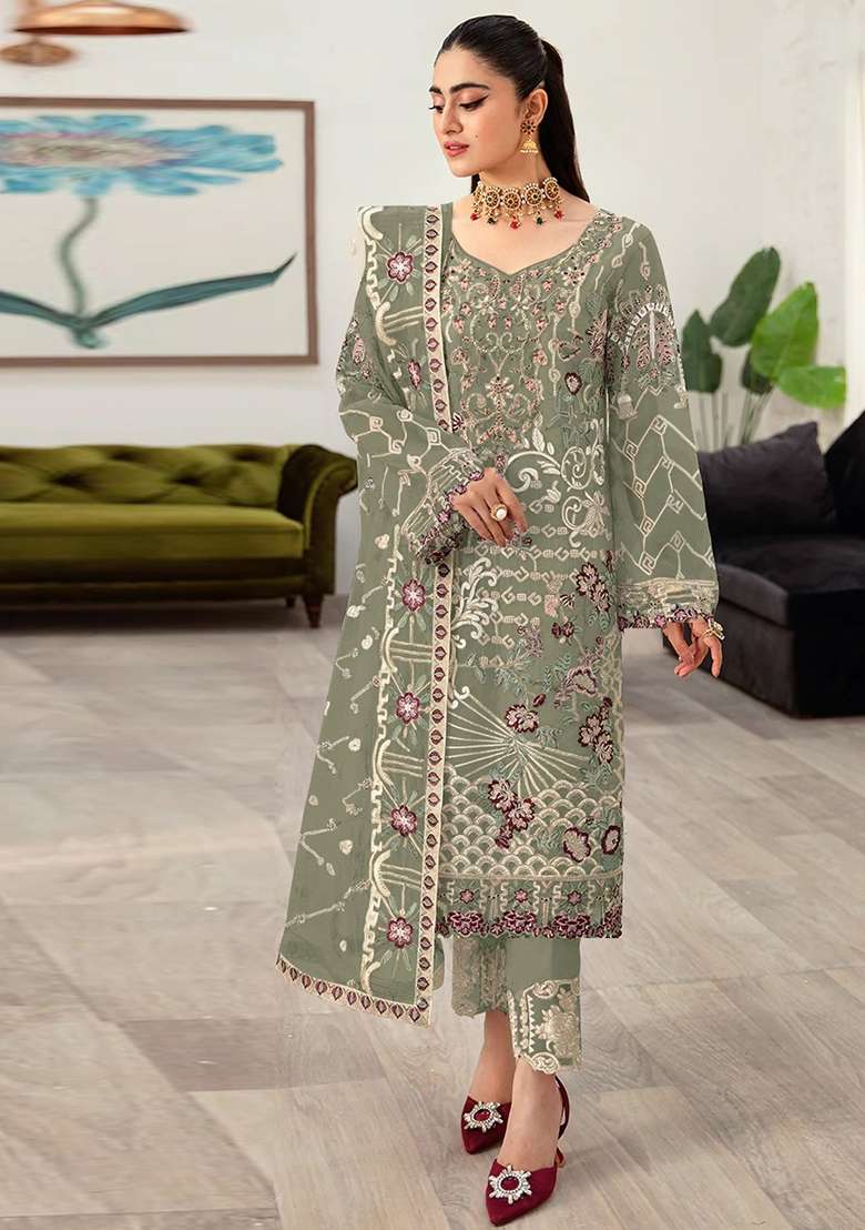 Mehendi Embroidered Faux Georgette Kurta Set - Indya
