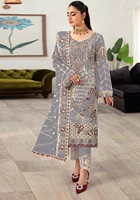 Light Grey Embroidered Faux Georgette Kurta Set